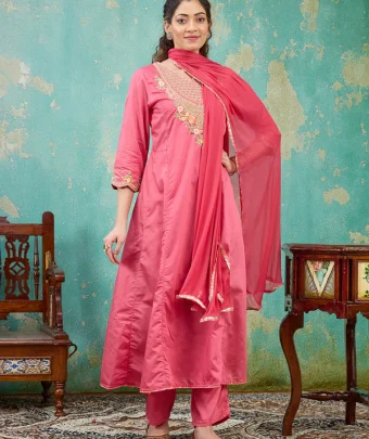 Gajari Pink Cording Chanderi Readymade Salwar Suit