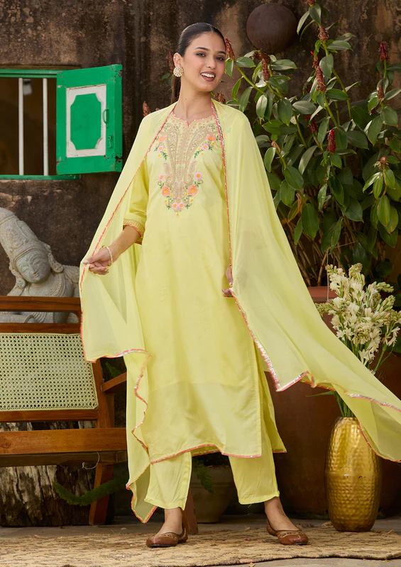 Yellow Cording Chanderi Readymade Salwar Suit