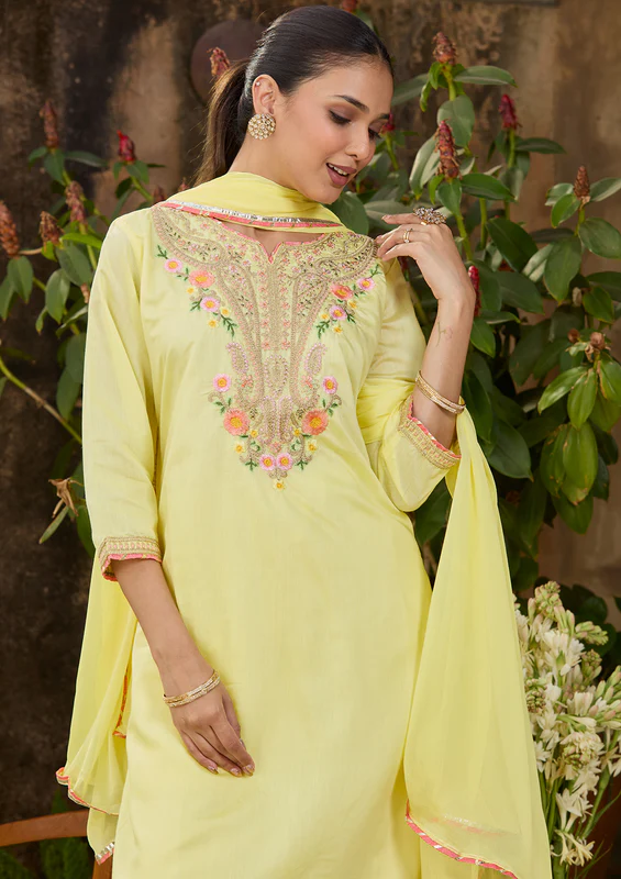 Yellow Cording Chanderi Readymade Salwar Suit - Image 3