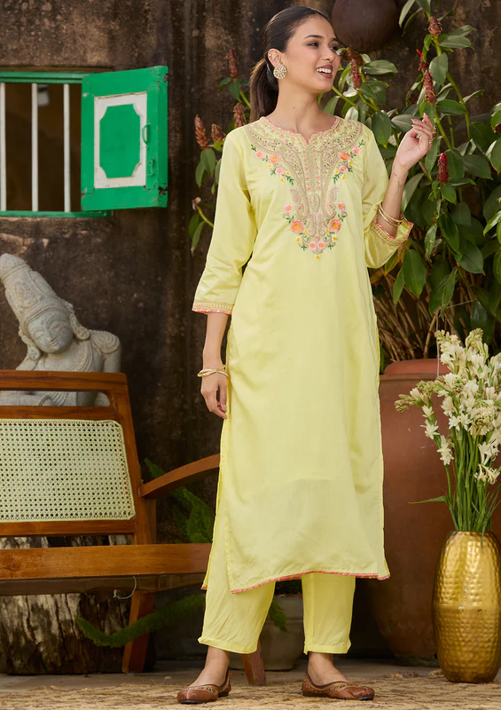 Yellow Cording Chanderi Readymade Salwar Suit - Image 2