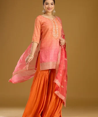Orange Zariwork Soft Raw Silk Readymade Salwar Suit