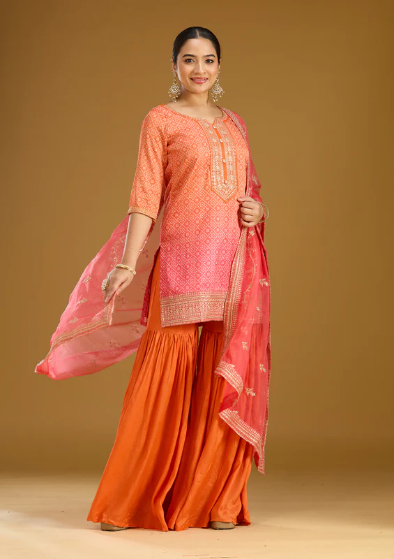 Orange Zariwork Soft Raw Silk Readymade Salwar Suit