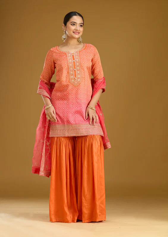 Orange Zariwork Soft Raw Silk Readymade Salwar Suit - Image 4