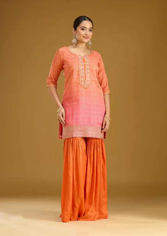 Orange Zariwork Soft Raw Silk Readymade Salwar Suit - Image 3
