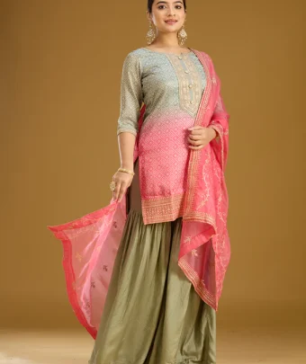 Sea Green Zariwork (Gold) Soft Raw Silk Readymade Salwar Suit