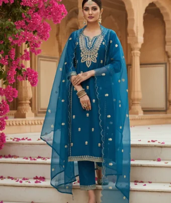 Peacock Blue Gotapatti Chinon Readymade Salwar Suit