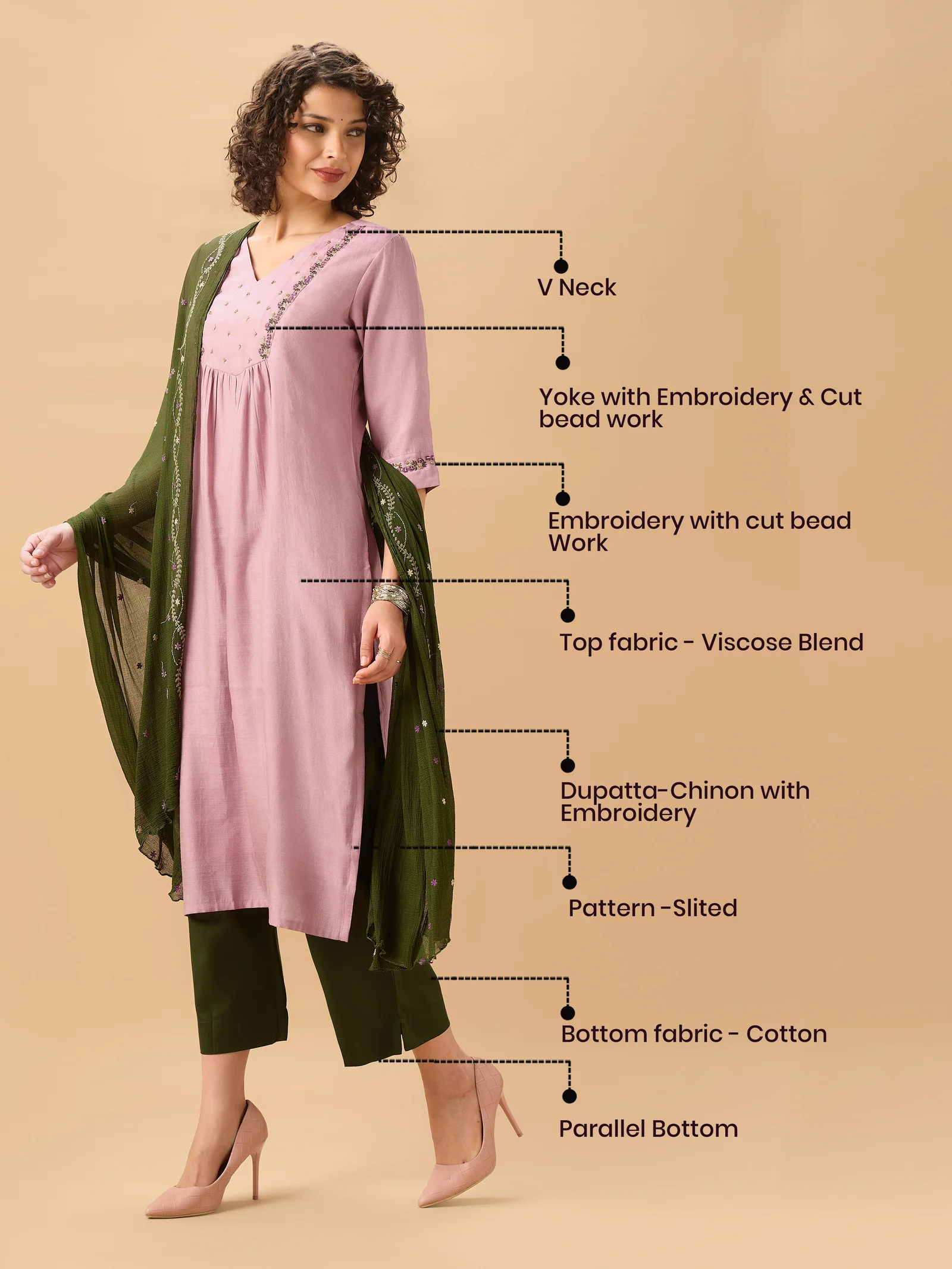 Onion Pink Viscose Blend Kurti Set With Dupatta And Hand Work Embroidery - Image 3