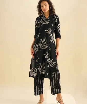 Black Ivory Cotton Printed Kurti Set With Mirror Embroidery