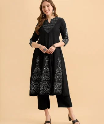 Black Viscose Kali Cut Kurti Set With Embroidery And Sequins