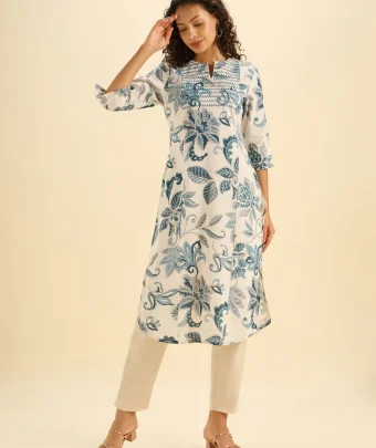 Ivory And Blue Cotton Flax Printed Slitted Kurti With Embroidery