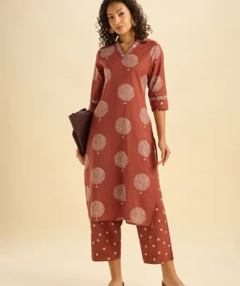 Brick Red Cotton Flax Printed Kurti Set With Embroidery