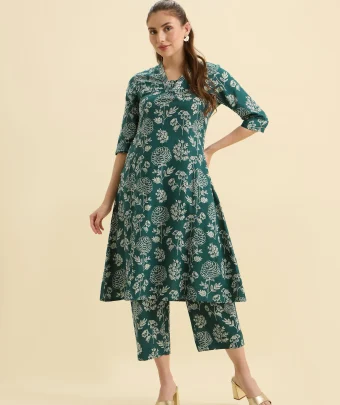 Green Ivory Cotton Printed Flared Kurti Set With Embroidery