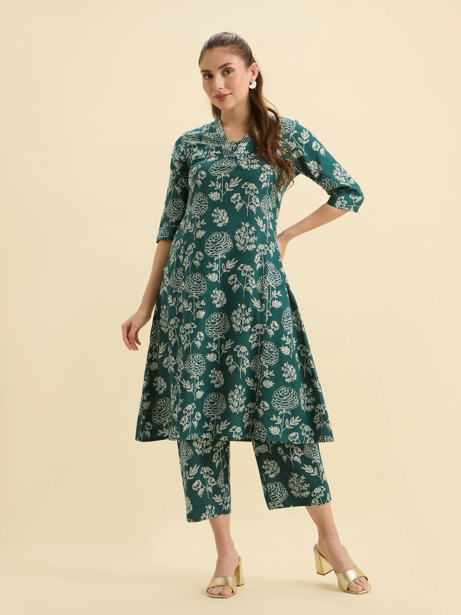 Green Ivory Cotton Printed Flared Kurti Set With Embroidery
