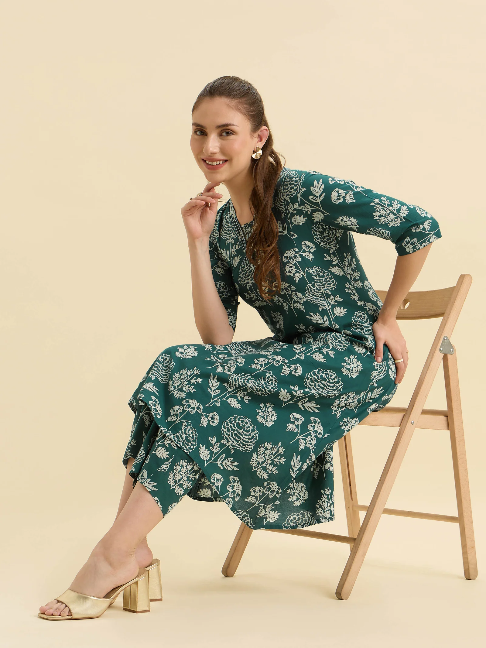 Green Ivory Cotton Printed Flared Kurti Set With Embroidery - Image 4