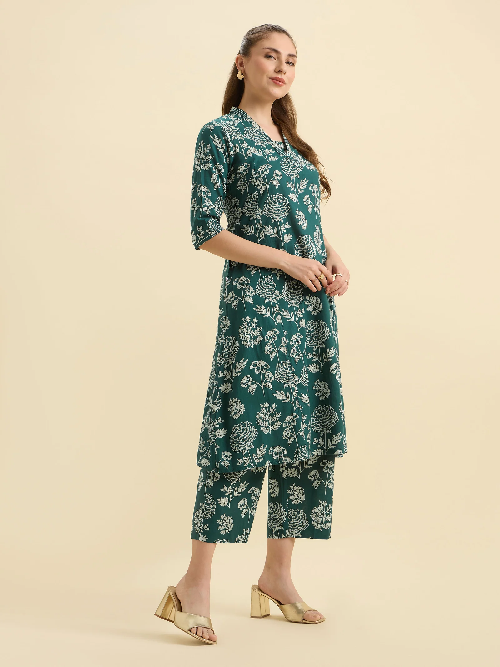 Green Ivory Cotton Printed Flared Kurti Set With Embroidery - Image 3