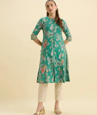 Green Multi Viscose Blend Printed Flared Kurti With Cording Embroidery Sequins Work
