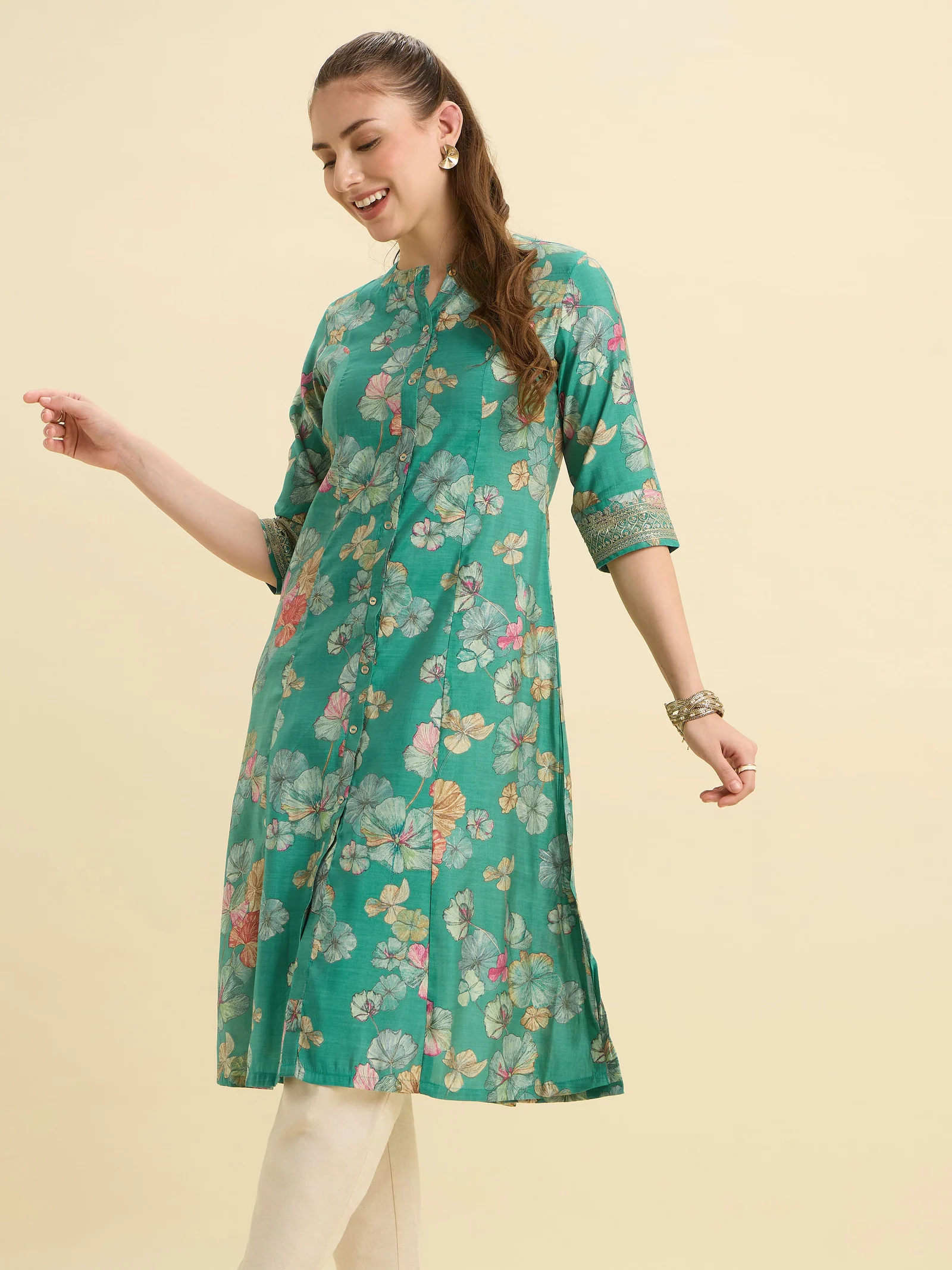 Green Multi Viscose Blend Printed Flared Kurti With Cording Embroidery Sequins Work - Image 4