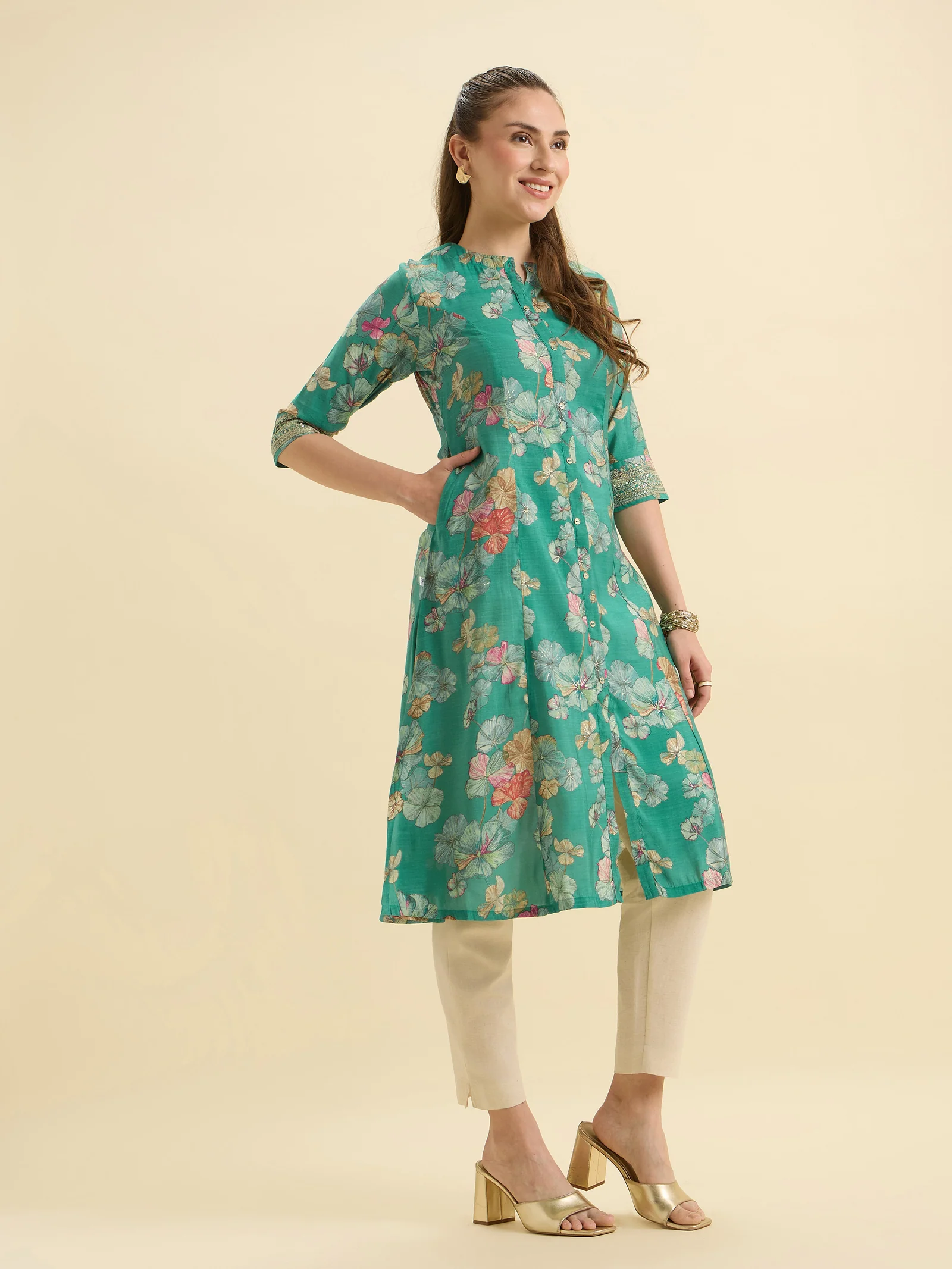 Green Multi Viscose Blend Printed Flared Kurti With Cording Embroidery Sequins Work - Image 2