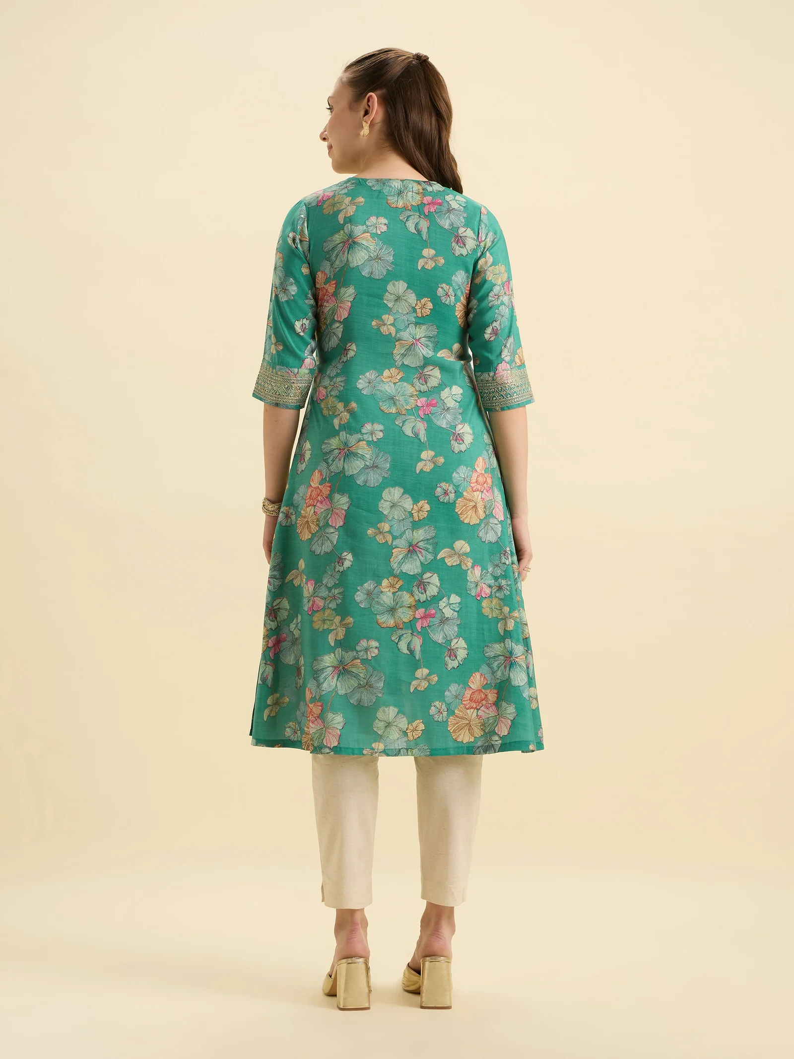 Green Multi Viscose Blend Printed Flared Kurti With Cording Embroidery Sequins Work - Image 3