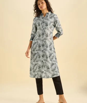 Grey And Black Viscose Printed Slitted Kurti With Smocking Embroidery