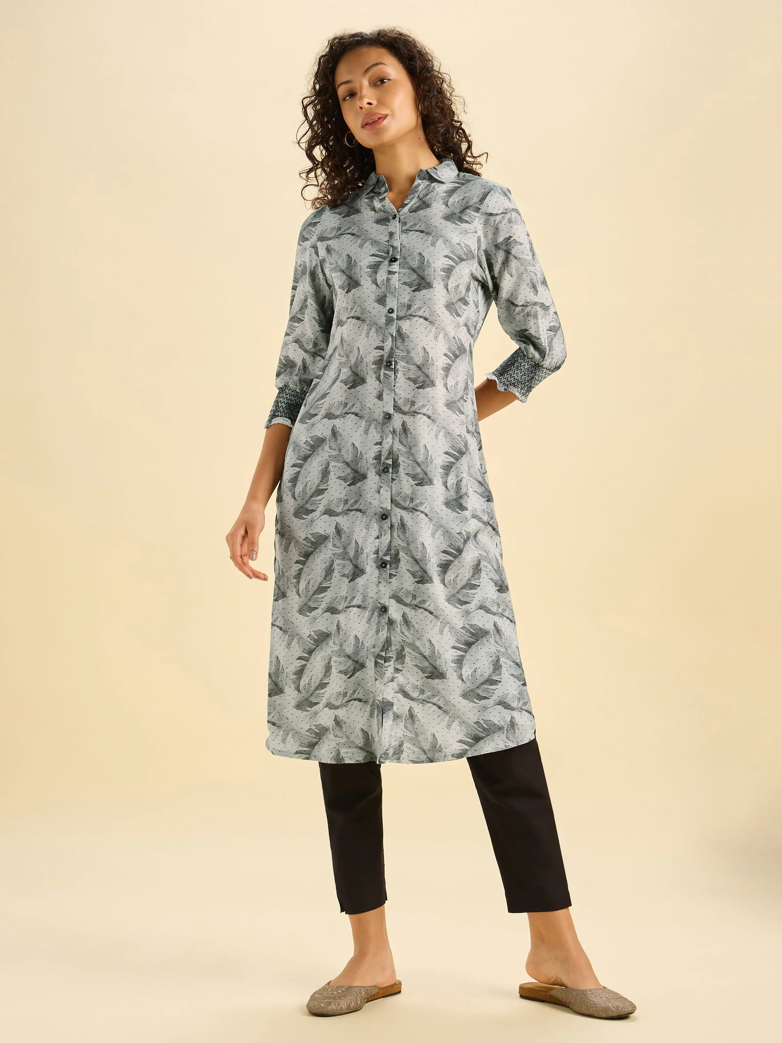 Grey And Black Viscose Printed Slitted Kurti With Smocking Embroidery
