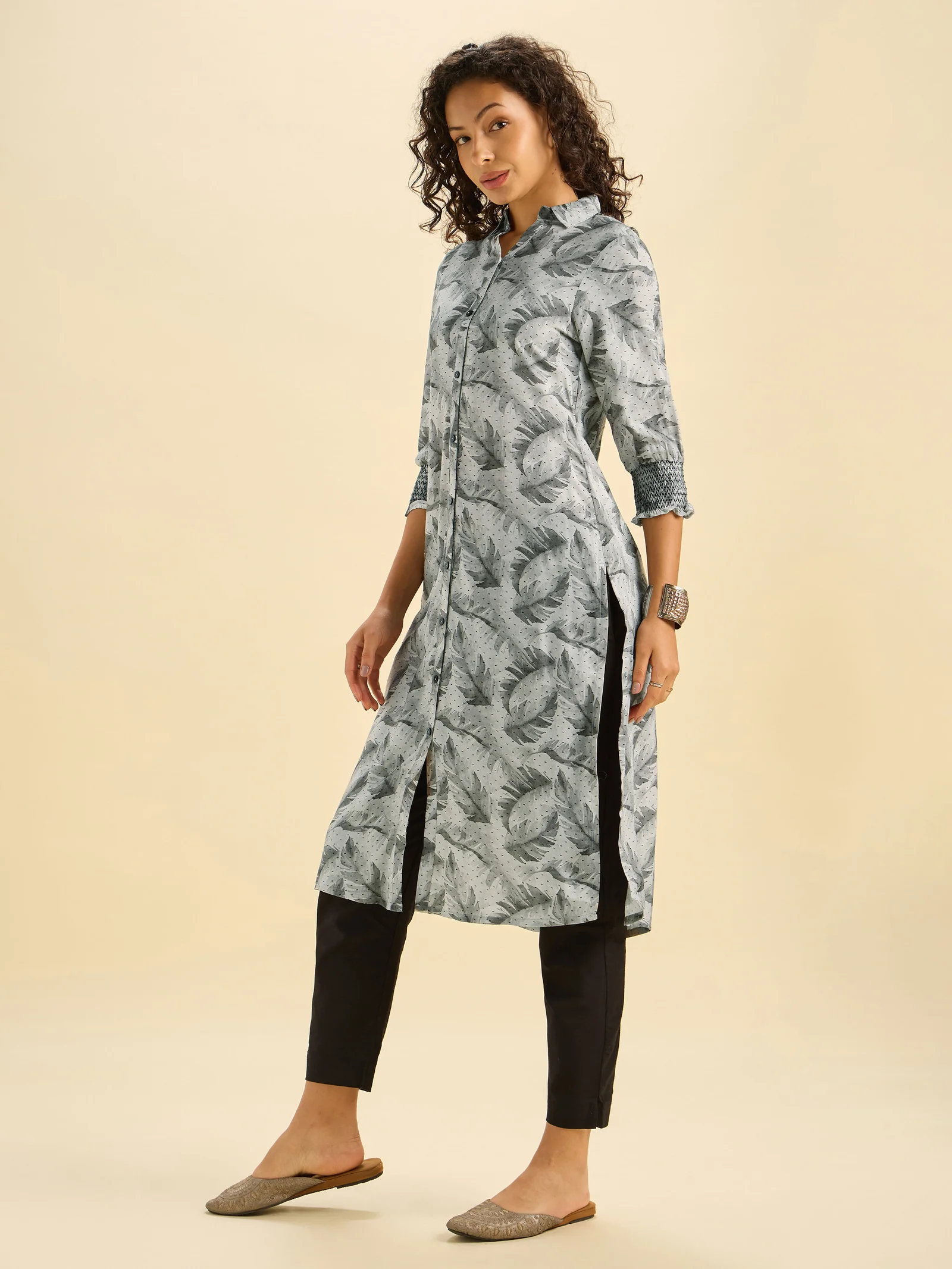 Grey And Black Viscose Printed Slitted Kurti With Smocking Embroidery - Image 2