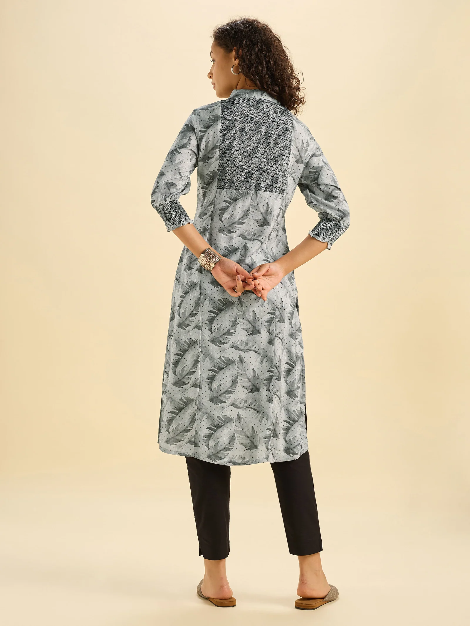 Grey And Black Viscose Printed Slitted Kurti With Smocking Embroidery - Image 3