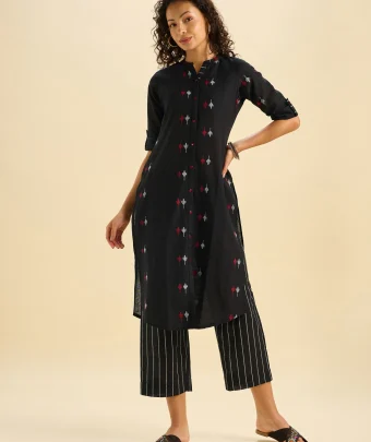 Black Multi Colour Cotton Dobby Plain Slitted Kurti Set With Liberty Cut
