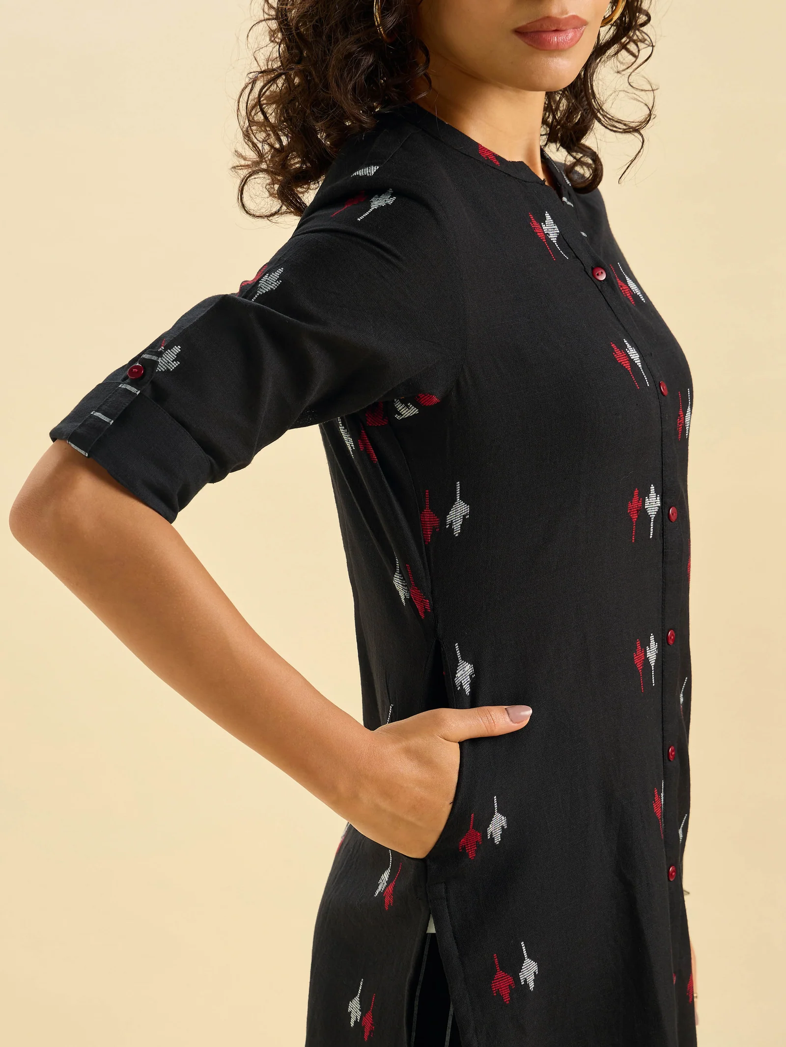 Black Multi Colour Cotton Dobby Plain Slitted Kurti Set With Liberty Cut - Image 4