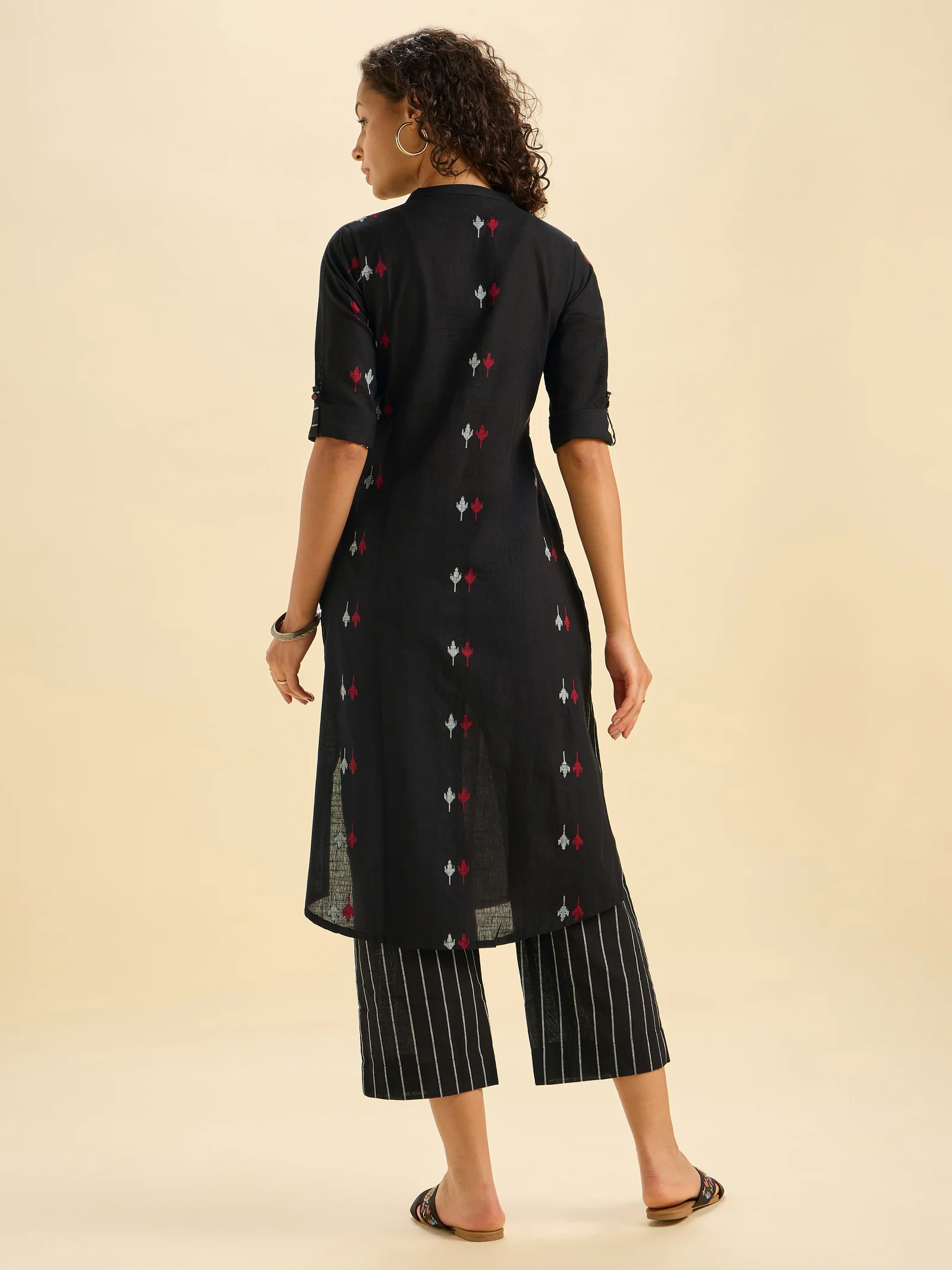 Black Multi Colour Cotton Dobby Plain Slitted Kurti Set With Liberty Cut - Image 2