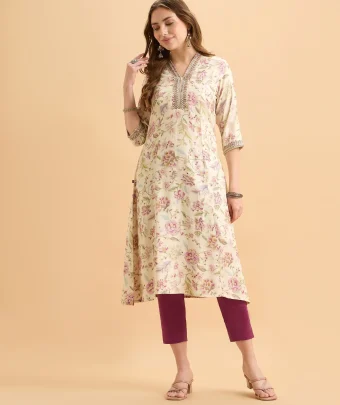 Ivory Multi Colour Viscose Shimmer Printed Kurti Set With Embroidery Hand Work