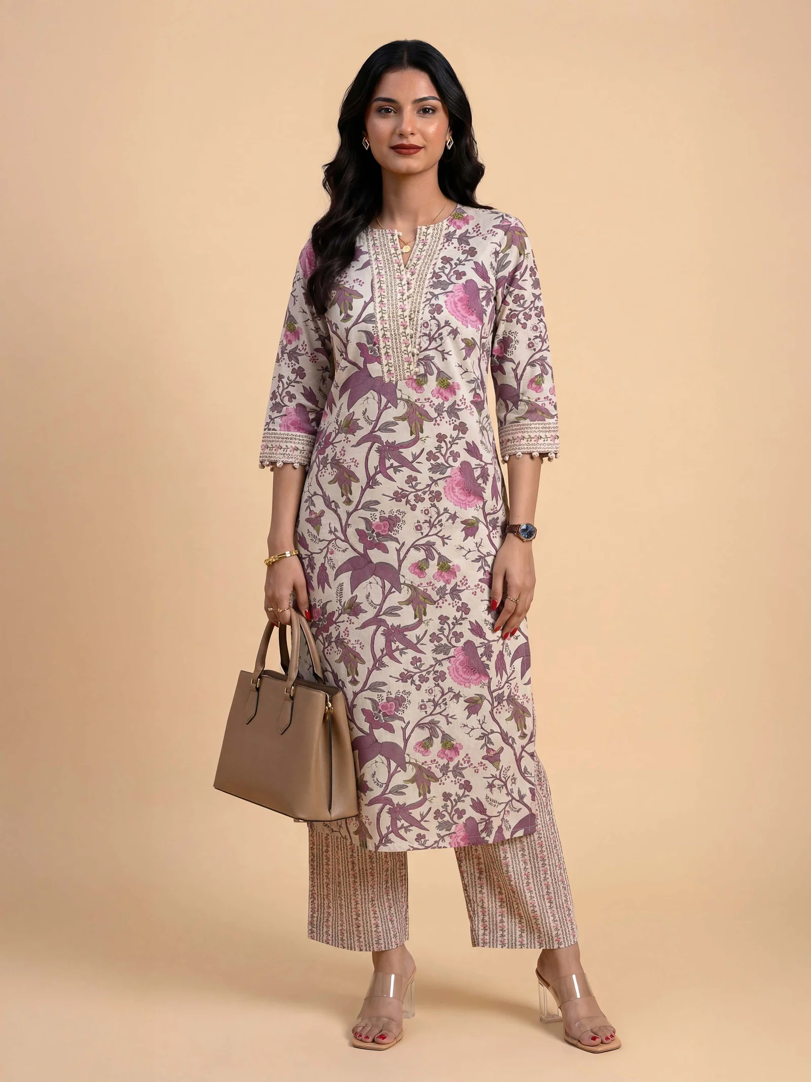 Ivory And Multi Colour Cotton Flax Printed Kurti Set