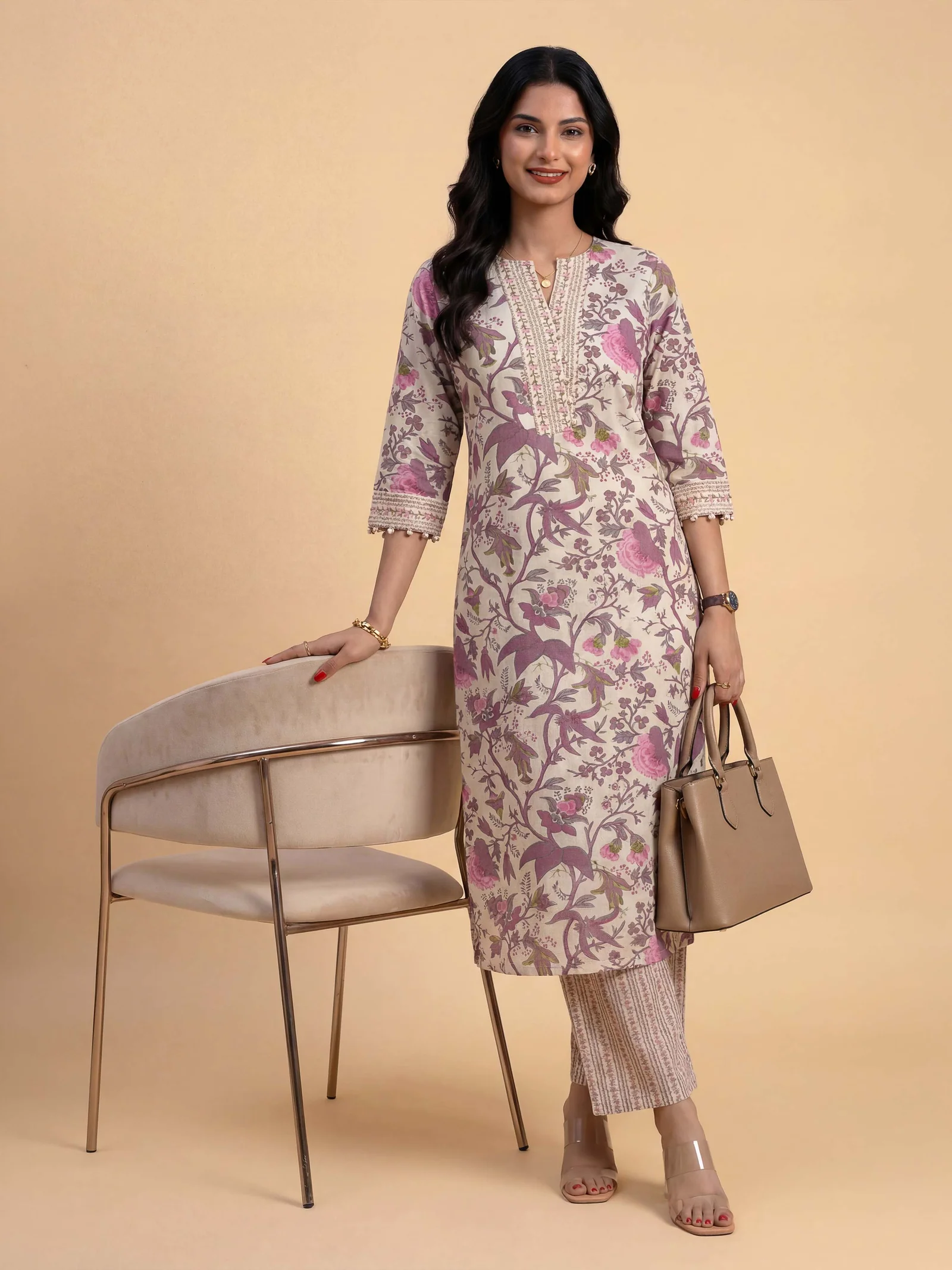 Ivory And Multi Colour Cotton Flax Printed Kurti Set - Image 2
