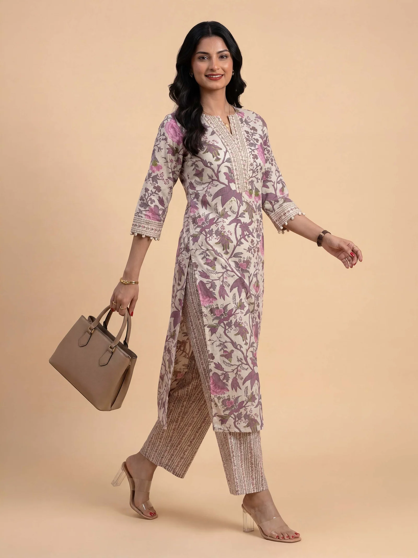 Ivory And Multi Colour Cotton Flax Printed Kurti Set - Image 4