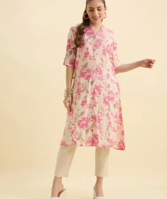Ivory Pink Modal Chanderi Printed Flared Kurti With Sequence Embroidery