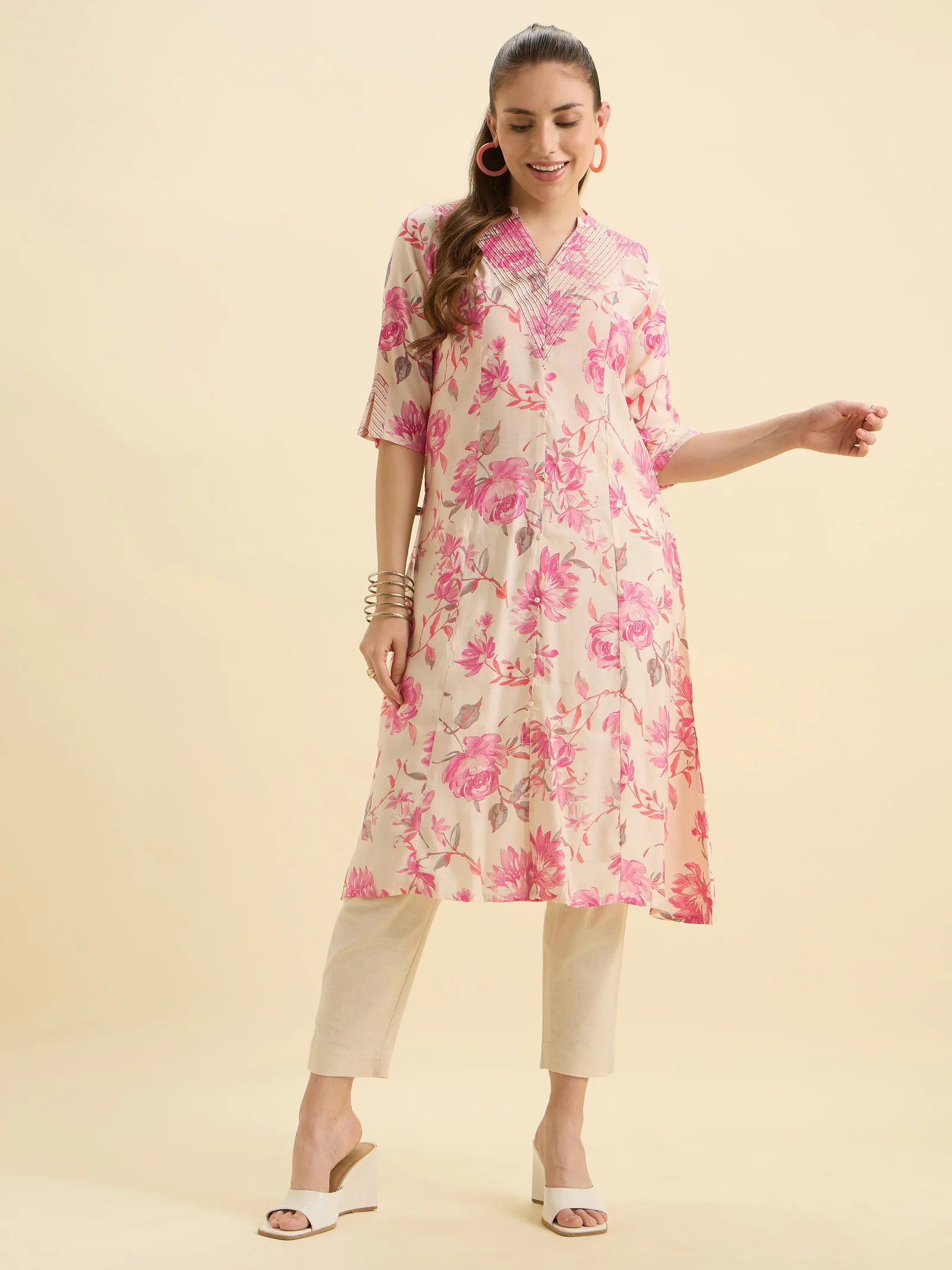 Ivory Pink Modal Chanderi Printed Flared Kurti With Sequence Embroidery