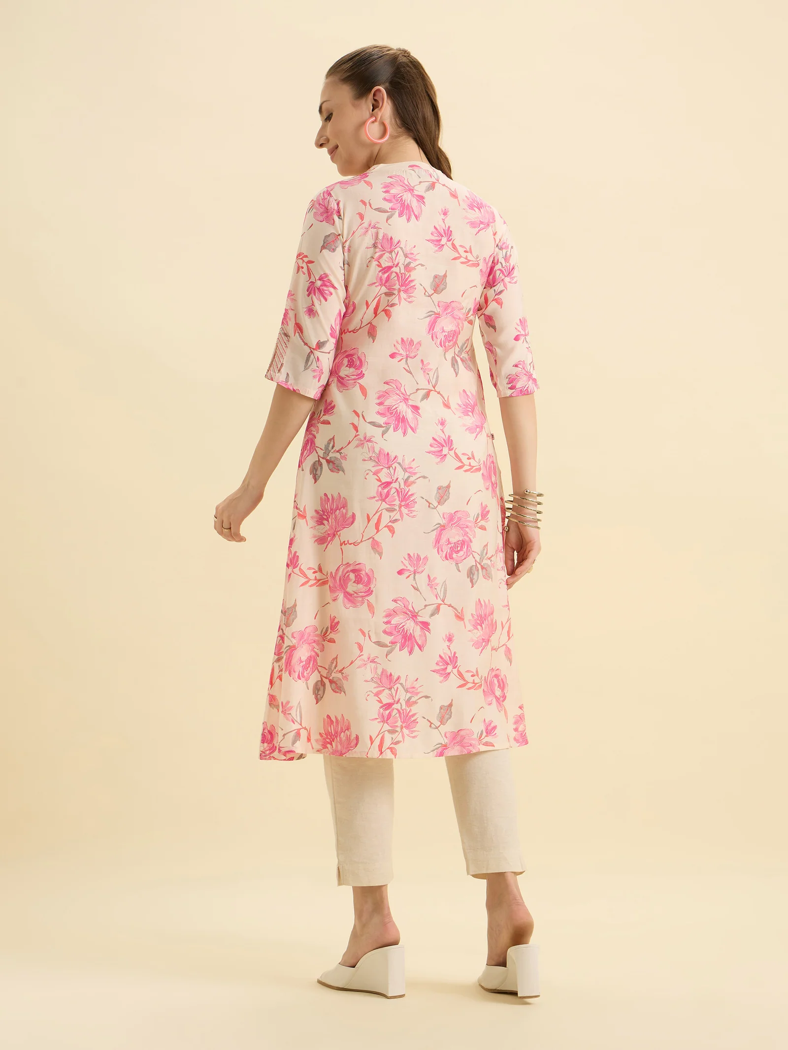 Ivory Pink Modal Chanderi Printed Flared Kurti With Sequence Embroidery - Image 4