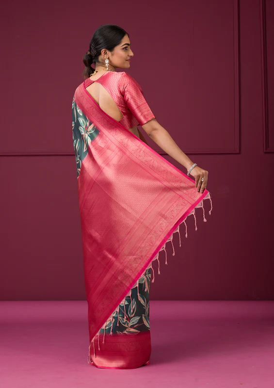Bottle Green Printed Art Silk Saree - Image 4