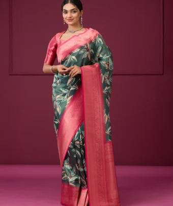 Bottle Green Printed Art Silk Saree