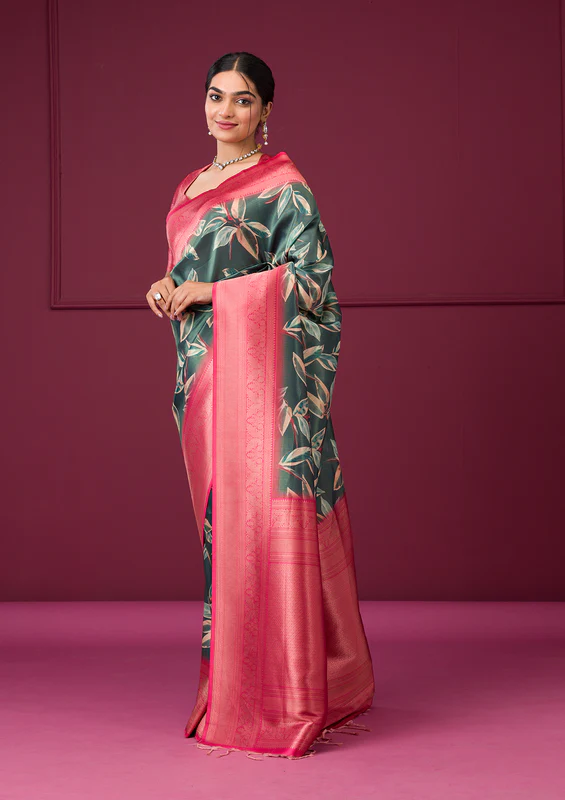 Bottle Green Printed Art Silk Saree - Image 3