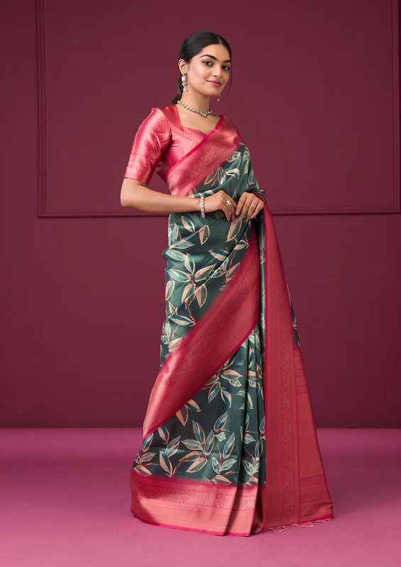 Bottle Green Printed Art Silk Saree - Image 2
