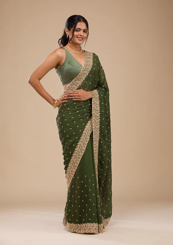 Bottle Green Zariwork Soft Silk Saree - Image 3
