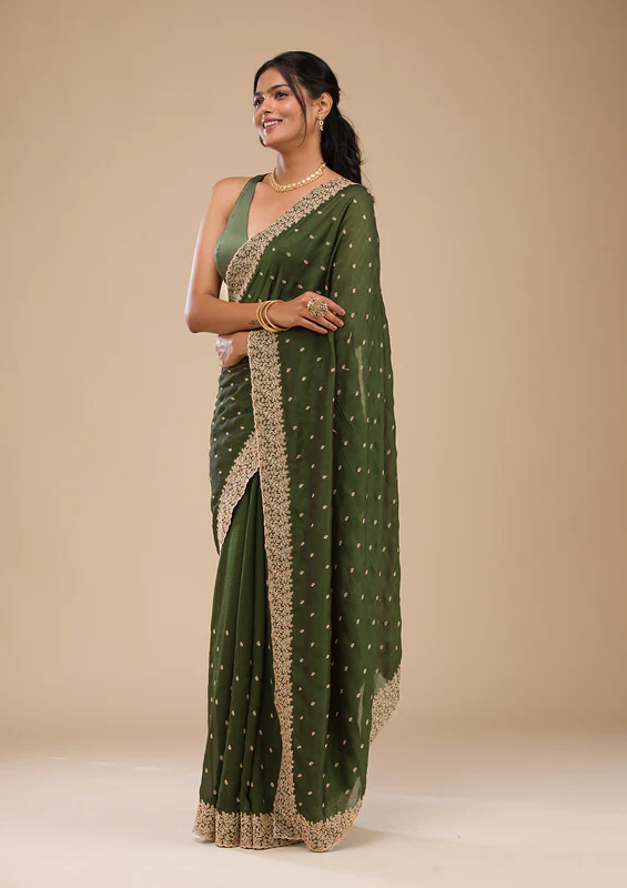 Bottle Green Zariwork Soft Silk Saree - Image 2