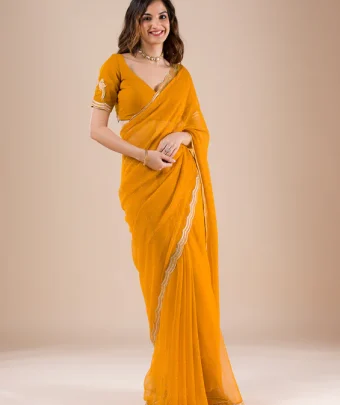Mustard Stonework Chiffon Saree
