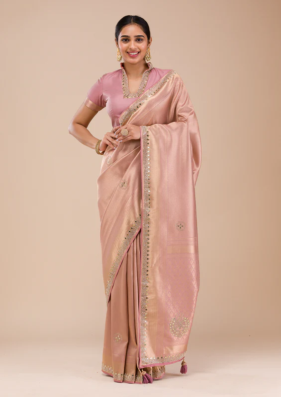 Onion Pink Mirrorwork Silk Saree - Image 4