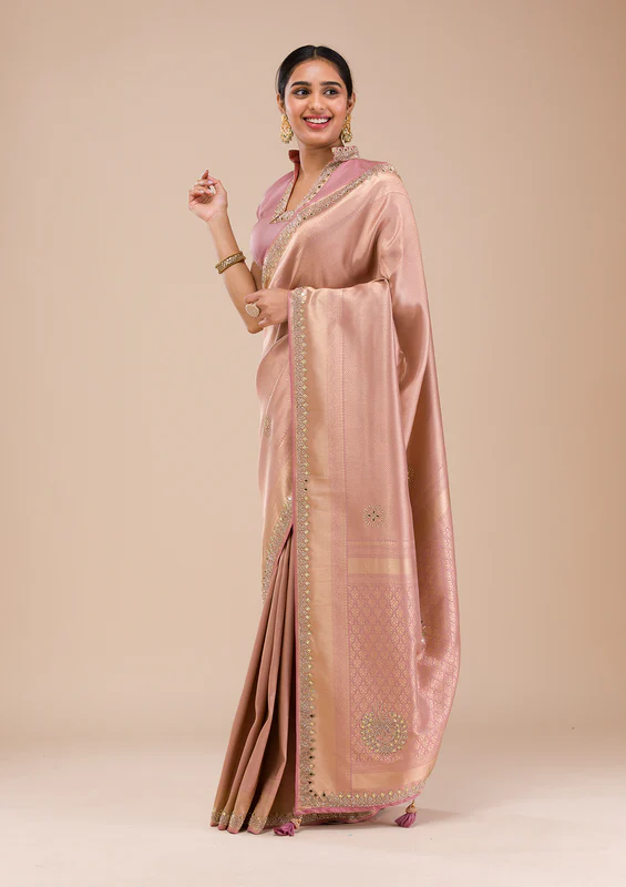 Onion Pink Mirrorwork Silk Saree - Image 2
