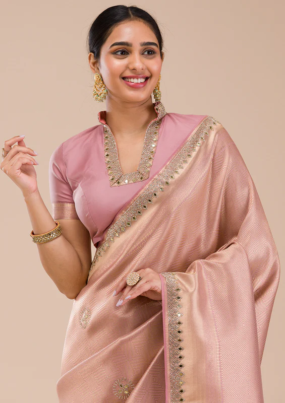 Onion Pink Mirrorwork Silk Saree - Image 5