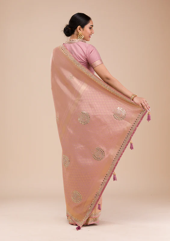 Onion Pink Mirrorwork Silk Saree - Image 3
