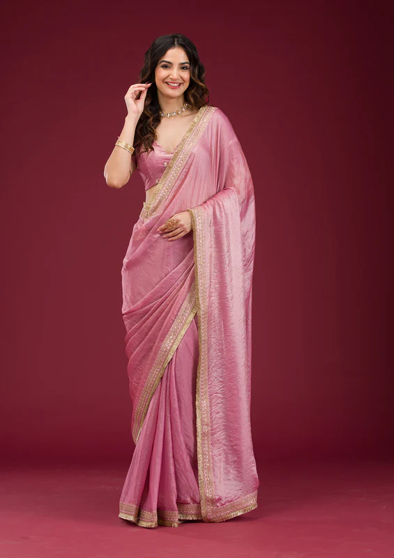 Onion Pink Cording Tissue Saree - Image 2