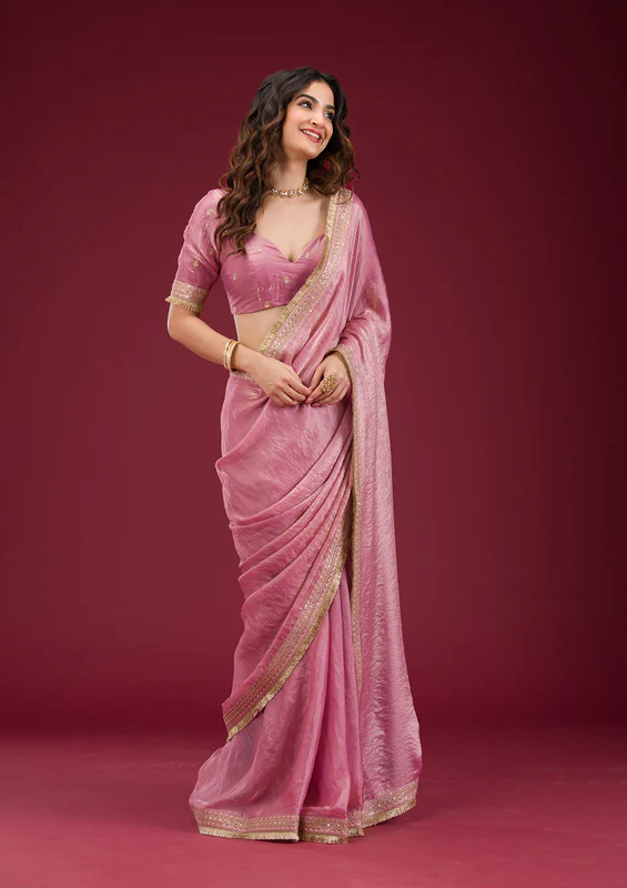 Onion Pink Cording Tissue Saree - Image 3
